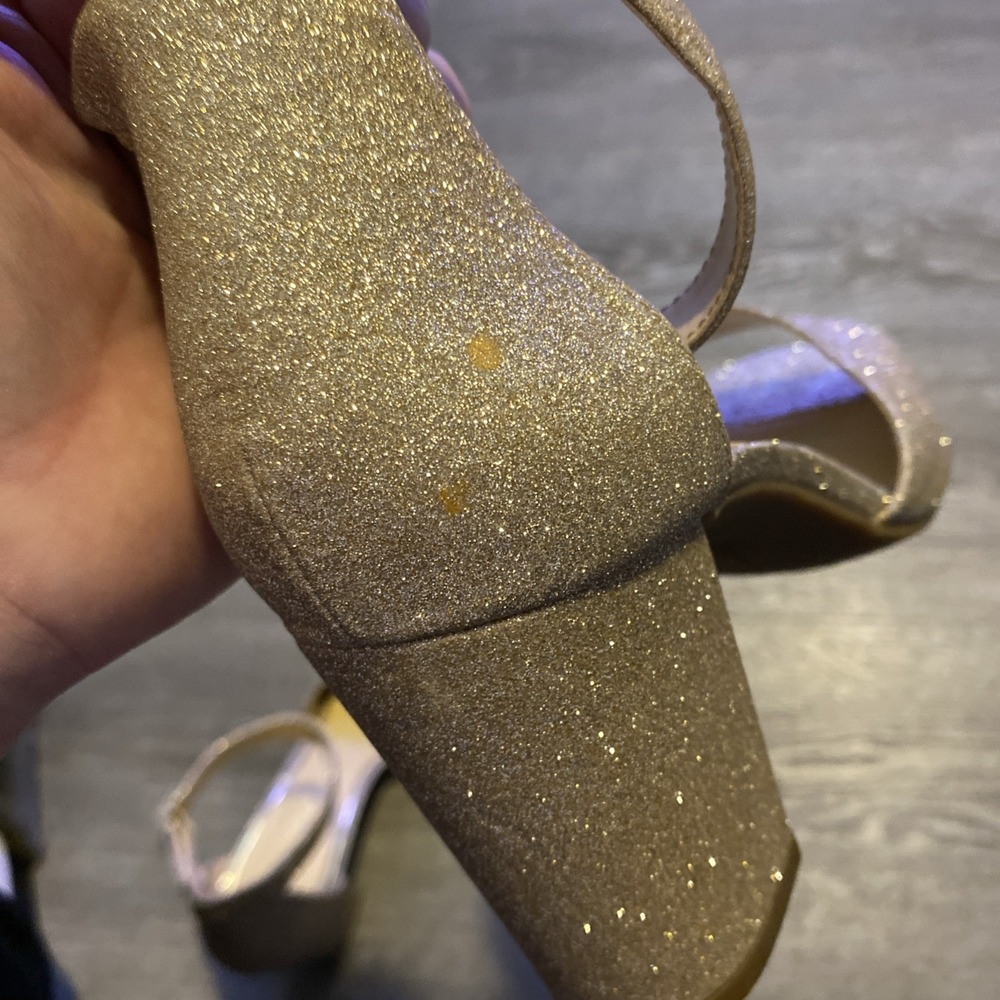 JESSICA SIMPSON "SHERRON" ANKLE STRAP BLOCK HEEL SANDAL GOLD GLITTER FINISH 10M - Picture 16 of 16